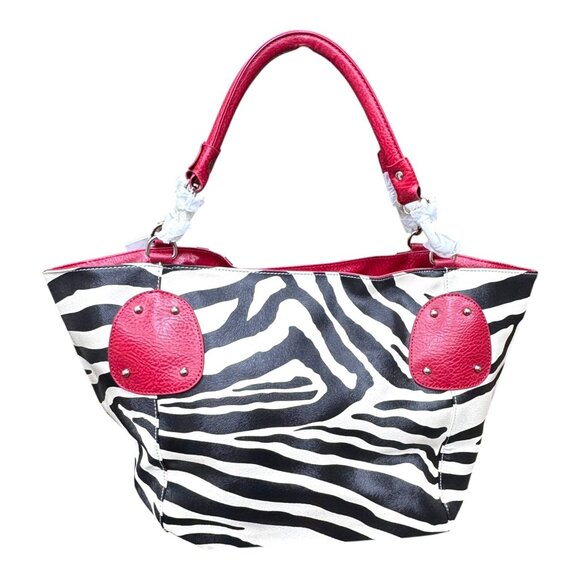 Alyssa Zebra Print Handbag Y2K Boho Red Faux Leather Handles Matching Wallet Set - Picture 3 of 10